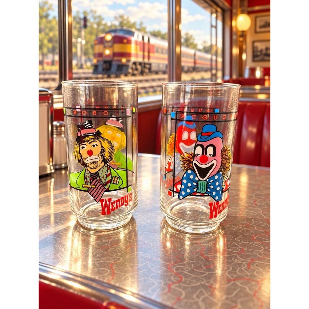 Vintage Wendy’s Clown Glasses Set of 2, Hobo and Auguste Tumblers